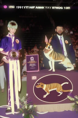 1990 dog show the winner is a "half human rabbit combined animal::40", realistic (film Color Mission 200::10) photo from old disposable camera , grainy photo