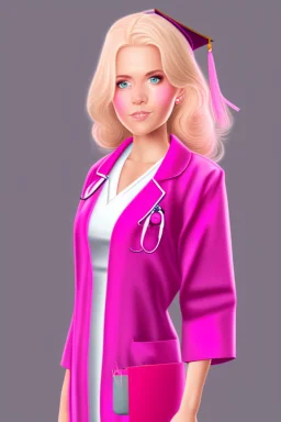 Een dom blondje die haar dokterdiploma heeft gekregen dankzij CHATGPT. Straalt domheid uit. Haar graduation outfit is volledig roze. Karikaturaal, carnavalesk, er zijn dokterattributen, denk legally blind en greys anantomy Dokter moet duidelijk zijn