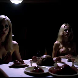 Horror movie shot, spooky, hot, ultra realistic, dine, they enjoy and get excited, ultra realistic hot blonde women, party, pieces of meat, organs, ail, dynamic, very excited people, hypermaximalist figures, light, 1970's Italian horror movie, sinister,, Dario Argento, Stanley Kubrik, ornate, 4k, photorealism