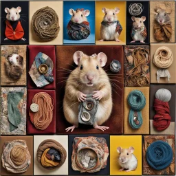 Collage of various mediums making up an abstract hamster, metal and glass and fabric and corduroy and wood and paper and velvet and yarn, various rough textures, sharp contrast, pronounced textures, sharp juxtaposition of materials, colorful, sharp focus, maximalism, by Peter Beard