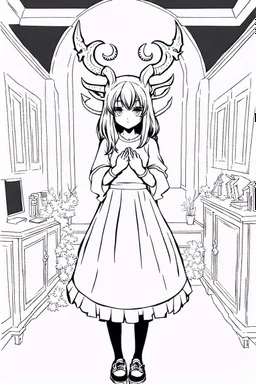 girl with demon mask in the middle of the room., line arts, manga style