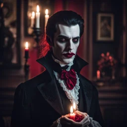 Character design of a Victorian vampire, medium: photography, style: reminiscent of the characters in Bram Stoker's Dracula, lighting: soft, diffused candlelight creating a gothic atmosphere, colors: rich blacks and reds with pops of white, composition: shot with a Nikon D850 DSLR, Nikkor 85mm f/1.4 lens, Resolution 45.7 megapixels, ISO sensitivity: 100, Shutter speed 1/60 second, full body shot capturing the elegant design of the vampire, focus on the character's pale face and intricate costume