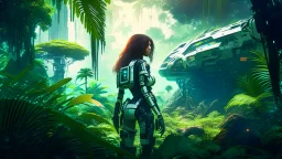 Wide-angle, woman with straight hair, dressed like a robot, with equipment in her hands, next to a crashed spaceship, in a clearing on an alien jungle world