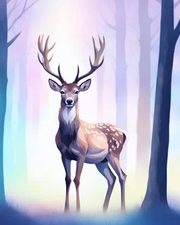 night, deer with antlers standing sideways, looking at viewer, realistic water color painted, among light colored tall simplified tree trunks, foggy, digital painting, Easter Spring pastel colors, colorful, dark background