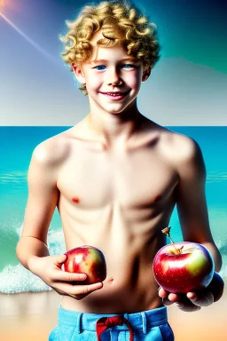 full body image of a beautiful 12 year old boy with long, blonde curly hair and light blue eyes, smiling, shirtless, holding a red apple in his right hand, in front of an distant beach