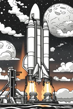 create a simple black and white line-art coloring book page , no background , of A saturn rocket on the launch pad . bold , clean lines; pixar style. no text or people in image, no deformity