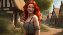 A photorealistic image of a red-haired, slender fantasy woman, winking and smiling, standing in a village common, surrounded by many thatched cottages and shops, under a large tree, early in the morning.