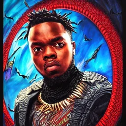 Fantasy, Nigeria rapper olamide badoo as black panther, heroic, award winning, insanely detailed, sunlit, realistic, ocean,acrylic paint, 8k resolution, hdr, trident