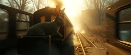 get aboard the rabbit train in the style of Rembrandt and Fallout 4, with motion blur and volume fog and sun rays and lense flare