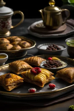 A tray of baklava and maamoul pastries with a side of Turkish coffee.