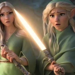 A elven female dressed in jedi-inspired monk robes holding a sword with a crystal blade that emitts a faint green glow. Passive stance, Jessica Alba, MIla kunis, Emma stone, Detailed face, Full body portrait. Hyper detailed, Photo realism, Hyper realism, Unreal engine