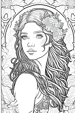 Design a coloring page showcasing a girl with shewin-gum embellished with floral motifs.black and white