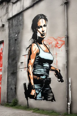 lara croft as a mural painted by banksy