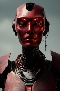 Beautiful portrait of red man robot, post-apocalypse cybernetic in a cyberpunk city, sci-fi fantasy style, 8k,dark