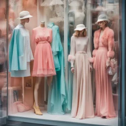 A shop window with women's fashion all bright and delicate colors