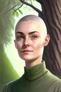 full color portrait drawing, portrait, fantasy setting, 22-year old friendly female human cleric, shaved head, light eyebrows, grey eyes, background yew tree