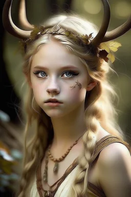 pretty girl, aged 16, blonde, conventionally attractive, dreamy, faun, satyr, tribal