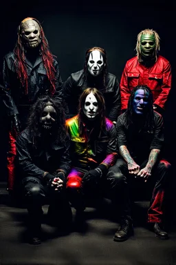 The cast of rainbow dressed as members of Slipknot