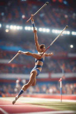 pole vaulting in the Olympics ,,bokeh like f/0.8, tilt-shift lens 8k, high detail, smooth render, down-light, unreal engine