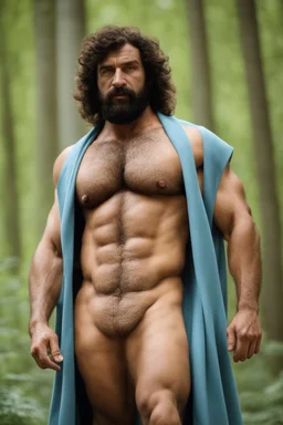 1970's massive male muscular strong man , Turkish, hairy chest, age 36, muscle daddy, beard, curly hair, armpits, in a wood, viril chest, opened bathrobe