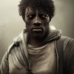 mysterious, black man, long curly black hair, scar on eye, hooded, post-apocalyptic, realistic, intriacte detail, sci-fi fantasy style, volumetric lighting, particales,highly detailed,cinamatic, deep colours,8k