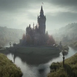 A magical gothic little town of witches with a castle and canals Nick Harris style