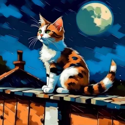 gatita tricolor arriba del techo mirando la luna llena al estilo henri marisse