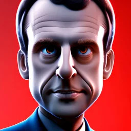 Emmanuel Macron, solo, Pixar Studio movie style, circular reflective eyes, smooth lighting, rounded face, caricature, large nose, 3d portrait, wearing blue suit