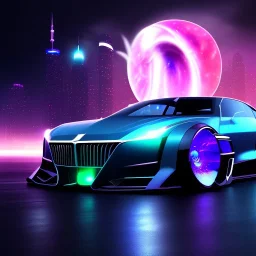 powerful concept future car. smooth front grill. dark color fade theme. large engine protruding from the hood. big spoiler . nebula back round. extra detail with luminous engravings . neon underneath. big city with skyscrapers, light mist, jet engine