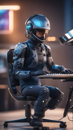 head set helmet rig with chair and with keyboard body suit attached ,bokeh like f/0.8, tilt-shift lens 8k, high detail, smooth render, down-light, unreal engine, prize winning