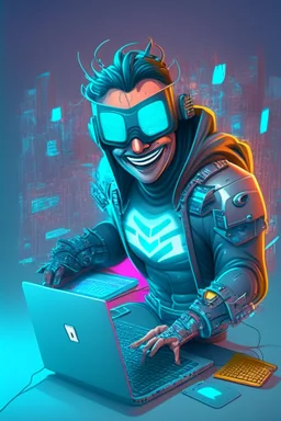 An 3d illustration of a person working in front of a laptop with a happy face and having a good time a man, cartoon style A cyberpunk as a superhero, full body of a superhero, cyberpunk city, masked eyes, cyberpunk eyes