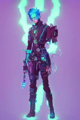 standing steampunk elf with blue hair in a neon dystopian forest