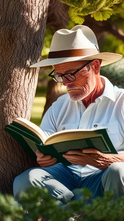 A man wears a white Dad Hat and wears glasses and is busy reading with a tree behind him, high resolution, and the image focuses on the Dad Hat