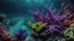 animals creatures, plants from subanautica from deep sea, leviathan's a lot of sea plants very deep, beautiful, river of magma, green, purple, blue, view from a far