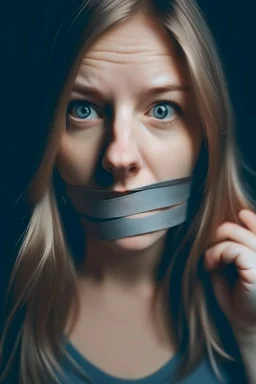 Adult girl wearing duct tape over mouth