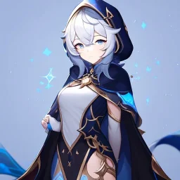 Genshin woman, Clear Focus High resolution, Calm Background, Light skinned woman, Black long beatiful hair, Dark blue sparkling eyes, Very Beatiful Face, Splash art, Cute Scene, Wearing a cloak that has a hood on the back