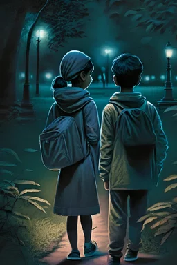 two small teenage detectives from New Delhi a boy and a girl they encounter a suspicious character in the park at night from the back