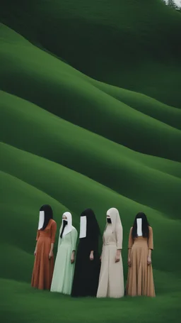 a group of no face women with mask standing on top of a lush green hillside, inspired by Ren Hang, design milk, long black hair, whites, wanderers traveling from afar, trending on artisation, cloning spell, coat pleats, in twin peaks, submarine, by Helen Thomas Dranga, symetry, round-cropped, noire photo