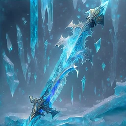 A fantasy sword that is a slender, translucent blade made of ice, shimmering with an ethereal blue glow. Its hilt is crafted from swirling vines, leading to a vibrant crystal at the pommel.