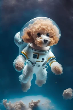 A miniature poodle in a space suit floating in space