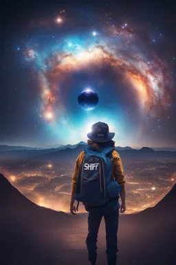 Supernova overlooking a city in the Milky Way galaxy with a person wearing a hat and a backpack with the Shift logo on it