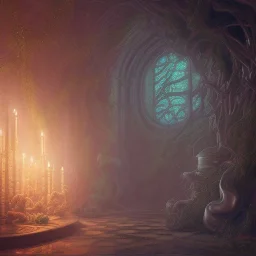 fantasy concept art, dynamic lighting, Intricately detailed, Splash screen art, deep color, Unreal Engine, volumetric lighting, fantasy library artwork, indoors, cozy, black leather, black marble, Fantasy library artwork, white candles, white silk, vines, moss, sigils,