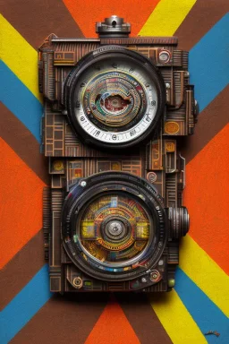 futuristic pinhole camera in Kente, rusted clocks lens, cinematic, scaffolding, cyberpunk, 8k quality