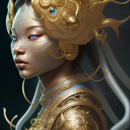 Sango fantasy, fantasy magic, intricate, sharp focus, illustration, highly detailed, digital painting, concept art, matte, art germ and Paul Lewin and Kehinde Wiley, masterpiece Indonesian lady head bronze tiger Asian African girl nice breast Hawaiian hair turquoise silver waves