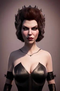 Hannah Waddingham as evil queen in black leather, busty, cleavage, voluptous, rebecca Welton, angry, stern look. character design by cory loftis, fenghua zhong, ryohei hase, ismail inceoglu and ruan jia. unreal engine 5, artistic lighting, highly detailed, photorealistic, fantasy