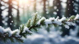 close-up shot of a fir tree branch . Delicate snow droplets glisten, frozen in time, against a magical forest backdrop. The detailed evergreen branches create a vivid and beautiful natural background,low poly