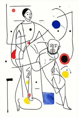 Reprezentare grafica moderna figurativa cu simboluri ,minimal art similar cu desenele lui Picasso , a unui desen facut de un autist , reprezentand o femeie tanara si un barbat batran cu barba , garbovit , în stilul combinat acuarelei umede a lui Joan Miro si cu filigran lineart minimal a lui Jean Cocteau cu Paleta de culori impresionista cu culori putine si tari. Fond alb si linii color subtiri si paralele, cu umbre de lumina cu hasuri incrucisate