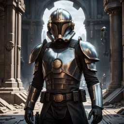 star wars bald male corellian pilot wearing pearlescent black and gunmetal grey First Order special forces heavy assault stealth commando armor and helmet with gold trim inside the jedi temple, hyperdetailed, dynamic lighting, hyperdetailed background, 8k resolution, volumetric lighting, light skin, fully symmetric details