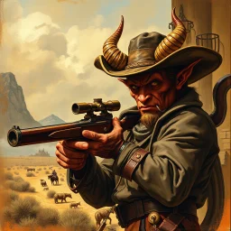 Western devil with a scoped old timey rifle fantasy art