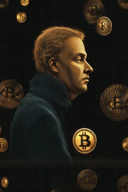 Bitcoin hacker matrix, photorealistic, soft colors, tenuous contrasts